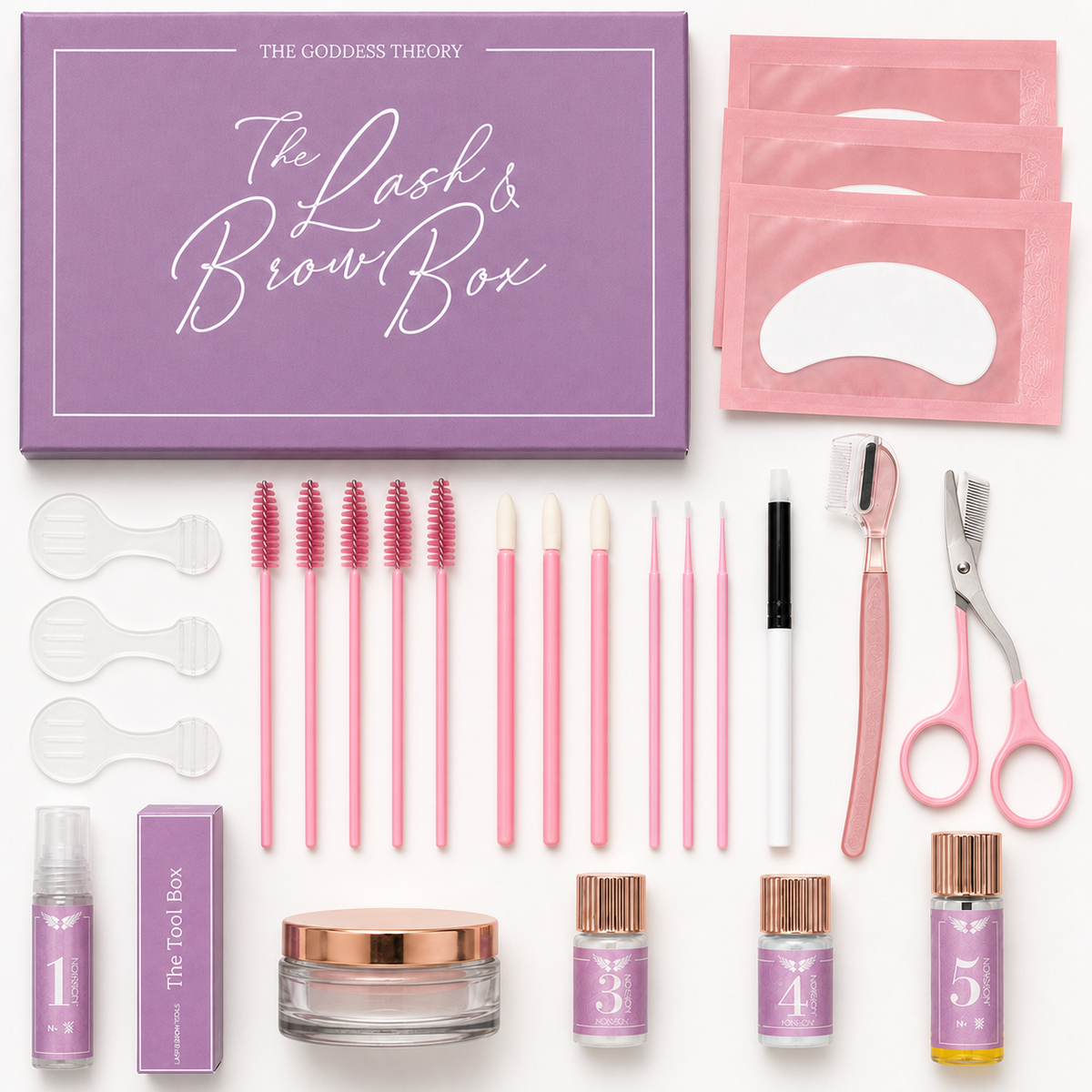 Volledige inhoud van de 2in1 Lash & Brow Box met juiste Y-brushes en schaar