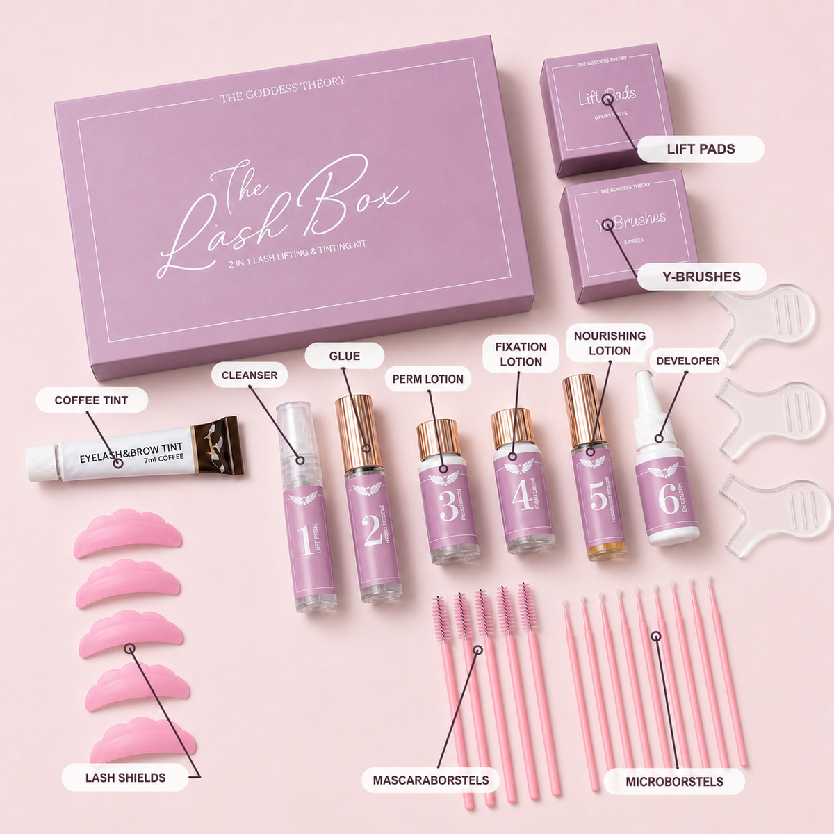 The Lash Box met zes genummerde lotions en afzonderlijke productlabels